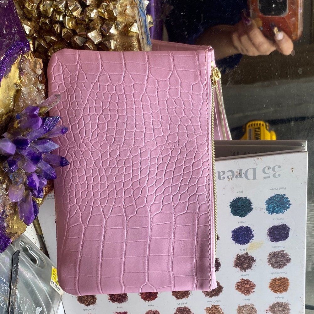 Pink Croc-Embossed Zip Clutch - Stylish Women's Bag